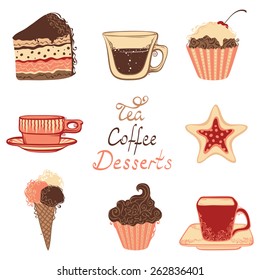Tea, coffee and dessert icons. Ornate drinks, confectionery elements and hand-drawn text for your design. 
