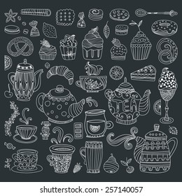 Tea, coffee and dessert isolated vector outline doodle elements in black in white. Baked goods and sweets for your design. Great for restaurant menu, cafe or happy birthday cards.