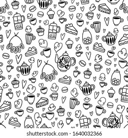 Tea, coffee and desserts, black and white vector seamless pattern