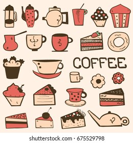 Tea, Coffee and Desserts doodle set