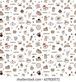 Tea, Coffee and Desserts doodles seamless pattern