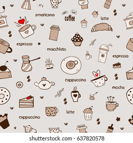 Tea, Coffee and Desserts doodles seamless pattern
