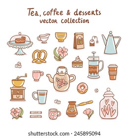 Tea, coffee and desserts vector collection