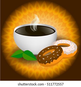 Tea, coffee and donuts vector