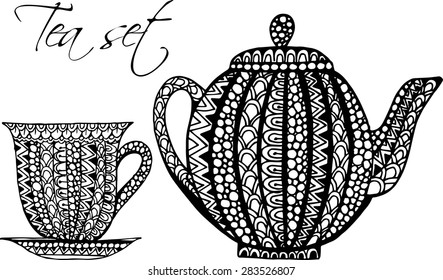 Tea or coffee doodle illustration set- cup and teapot