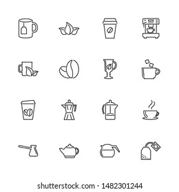 Tea and Coffee Drinks outline icons set - Black symbol on white background. - lined simplicity Sign. Flat Vector thin line Icon - editable stroke