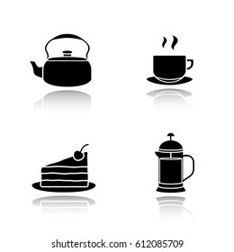 Tea and coffee drop shadow black icons set. Kettle, steaming cup on plate, chocolate cake, french press. Isolated vector illustrations