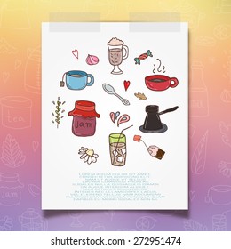 tea and coffee flyer layout, colorful illustration.