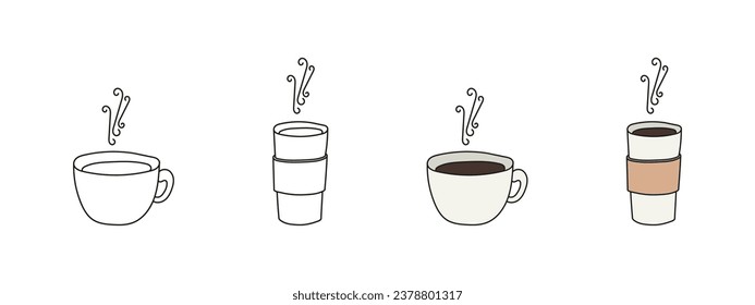 Tea or coffee hot beverage cup doodle style set. Cafe drink cute drawing.