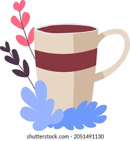 Tea or coffee, hot chocolate, latte or americano poured in cup with handle. Isolated cup served in cafe or restaurant, bistro or diner for breakfast or lunch. Vector in flat style illustration