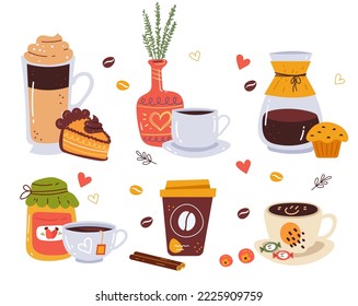 Tea coffee hot warm drink with sweet pie abstract isolated set. Vector graphic design illustration element