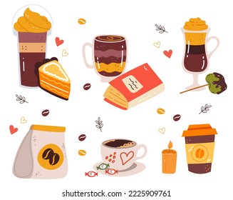 Tea coffee hot warm drink with sweet pie abstract isolated set. Vector graphic design illustration element