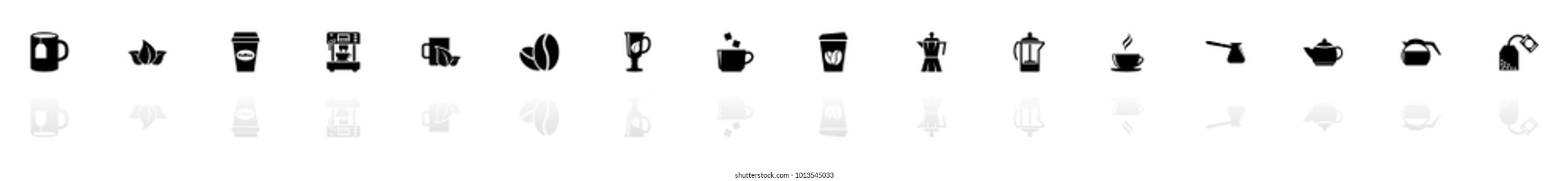 Tea and Coffee icons - Black horizontal Illustration symbol on White Background with a mirror Shadow reflection. Flat Vector Icon.