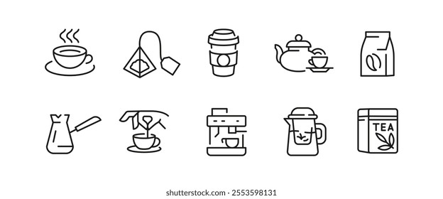 Tea and coffee icons. Set of 10 trendy minimal coffee and tea icons. Coffee Beans, Matcha, Green Tea, Mug. For branding tea shops, coffee houses, and beverage products. Vector illustration