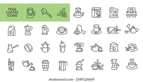 Tea and coffee icons. Set of 31 trendy minimal coffee and tea icons. Coffee Beans, Matcha, Green Tea, Mug. For branding tea shops, coffee houses, and beverage products. Vector illustration