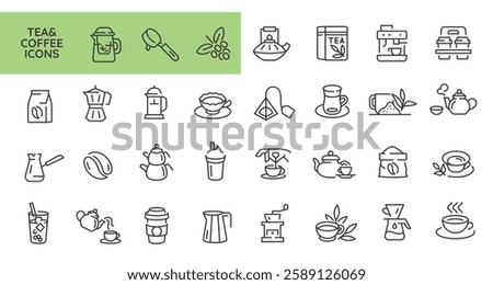 Tea and coffee icons. Set of 31 trendy minimal coffee and tea icons. Coffee Beans, Matcha, Green Tea, Mug. For branding tea shops, coffee houses, and beverage products. Vector illustration