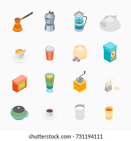 Tea and Coffee Icons Set 3d Isometric View Include of Pot, Cup, Turk and Kettle. Vector illustration of Icon Hot Beverages