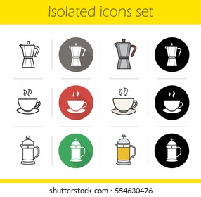 Tea and coffee icons set. Flat design, linear, black and color styles. French press with green tea, classic coffee maker, hot steaming mug on plate. Isolated vector illustrations