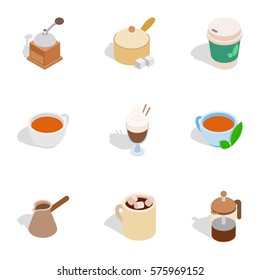 Tea and coffee icons set. Isometric 3d illustration of 9 tea and coffee vector icons for web