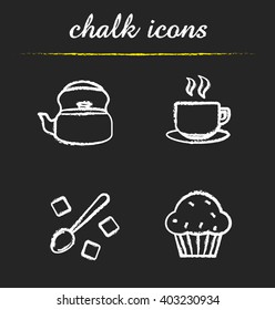 Tea and coffee icons set. Kettle, steaming cup, spoon with lump sugar cubes and muffin illustrations. Isolated vector chalkboard drawings