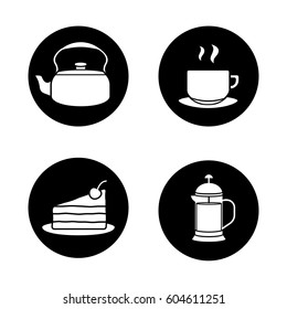 Tea and coffee icons set. Kettle, steaming cup on plate, chocolate cake, french press. Vector white silhouettes illustrations in black circles