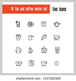 Tea and coffee icons. Set of  line icons. Tea cup, coffee bean, teapot. Beverage concept. Vector illustration can be used for topics like drinks, kitchen equipment, cafe