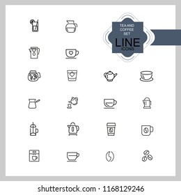 Tea and coffee icons. Set of  line icons. Tea cup, coffee bean, teapot. Beverage concept. Vector illustration can be used for topics like drinks, kitchen equipment, cafe