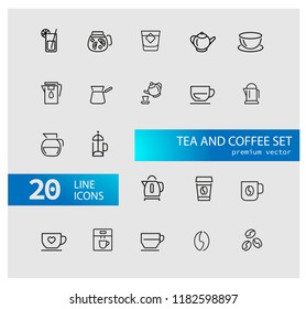 Tea and coffee icons. Set of  line icons. Tea cup, coffee bean, teapot. Beverage concept. Vector illustration can be used for topics like drinks, kitchen equipment, cafe