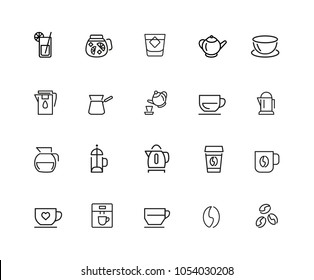 Tea and coffee icons. Set of twenty line icons. Tea cup, coffee bean, teapot. Beverage concept. Vector illustration can be used for topics like drinks, kitchen equipment, cafe