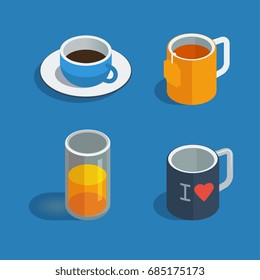 tea, coffee and juice cups isometric flat icons. isolated on a blue color background vector illustration