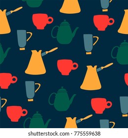 Tea and coffee kitchen utensils seamless pattern. Turk, cup, pot. Vector illustartion.