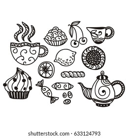 Tea coffee lemon sweets cake cherry jam. Vector illustration.