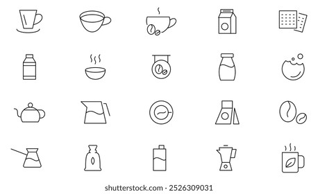 Tea and Coffee line icon set. Coffee maker machine, beans, espresso cup, cup, leaf, packaging, tea bag, glasses, teapot, disposable cup, machine, recommended line icon set. UI thin line icon pack.