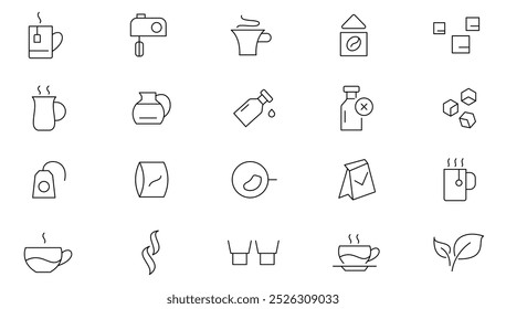 Tea and Coffee line icon set. Coffee maker machine, beans, espresso cup, cup, leaf, packaging, tea bag, glasses, teapot, disposable cup, machine, recommended line icon set. UI thin line icon pack.