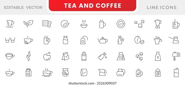 Tea and Coffee line icon set. Coffee maker machine, beans, espresso cup, cup, leaf, packaging, tea bag, glasses, teapot, disposable cup, machine, recommended line icon set. UI thin line icon pack.