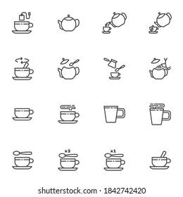 Tea and coffee line icons set, outline vector symbol collection, linear style pictogram pack. Signs, logo illustration. Set includes icons as teapot, coffee pot, turkish cezve, kettle, cup, mug, spoon