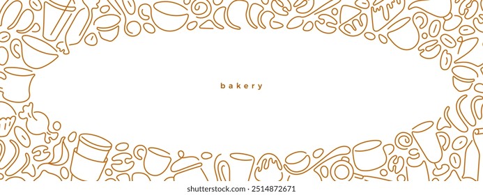 Tea, coffee line template. Bakery, cups, sweets, croissant, raw bean, glass for cafe shop, promotion, marketing, banner. Vector doodle sketch on white background. Editable stroke