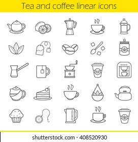 Tea And Coffee Linear Icons Set. Moka Pot, Espresso Machine, Steaming Teacup, Electric Kettle, Coffee To Go Paper Cup, Muffin, Turkish Cezve. Thin Line Contour Symbols. Isolated Vector Illustrations