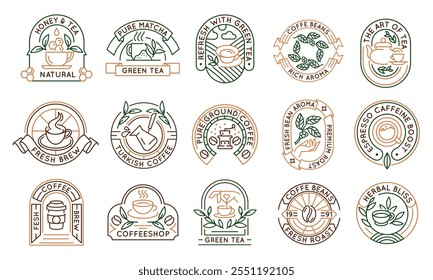 Tea and coffee logos, labels, icons. A set of 15 coffee and tea logotypes. Coffee Beans, Matcha, Green Tea, Mug. For branding tea shops, coffee houses, and beverage products. Vector illustration