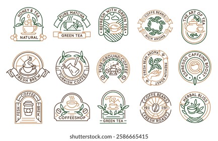 Tea and coffee logos, labels, icons. A set of 15 coffee and tea logotypes. Coffee Beans, Matcha, Green Tea, Mug. For branding tea shops, coffee houses, and beverage products. Vector illustration