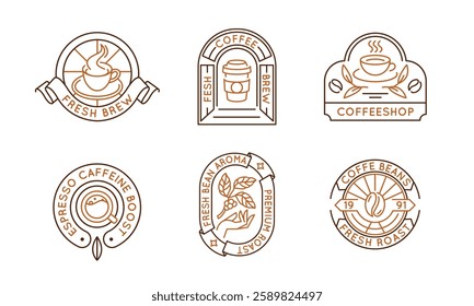 Tea and coffee logos, labels, icons. A set of 6 coffee and tea logotypes. Coffee Beans, Matcha, Green Tea, Mug. For branding tea shops, coffee houses, and beverage products. Vector illustration