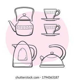 Tea and coffee maker set. Ornamented teapot, milk and water mug, coffee and tea cup, coffee maker. Doodle outlined style collection. 