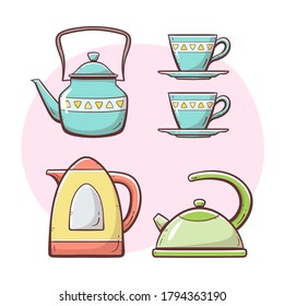 El set de té y café. Tetera ornamentada, leche y jarra de agua, café y té, cafetera. Colección de estilo colorido dibujada a mano. 