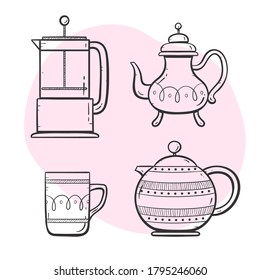 Tea and coffee maker set. Ornamented teapot, coffee maker, coffee and tea cup. Doodle outlined style collection. Set 4 of 5.