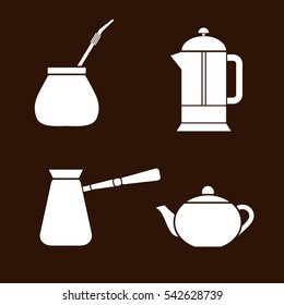 Tea And Coffee Making Facility Flat White Icons. Yerba Mate Calabash, Teapot, French Press, Turkish Cezve
