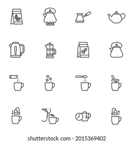 Tea and coffee making line icons set, outline vector symbol collection, linear style pictogram pack. Signs, logo illustration. Set includes icons as tea brewing, coffee bean, teapot, sugar spoon