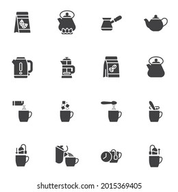 Tea and coffee making vector icons set, modern solid symbol collection, filled style pictogram pack. Signs, logo illustration. Set includes icons as tea brewing, coffee bean, teapot, sugar spoon