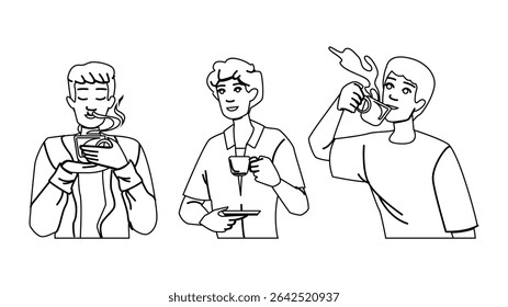 tea coffee man cup vector. lifestyle beverage, male happy, casual adult tea coffee man cup character. people black line pencil drawing illustration