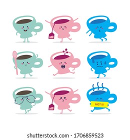Tee- und Kaffeemaschine Cartoon Cute Vektorillustration Set