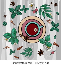 tea, coffee in a mug on a background of gray wood texture with seasonings, mint cinnamon vanilla cloves raspberry leaves, grass, chamomile, herbal tea, rose hip.Vector hand-drawn illustration. Square